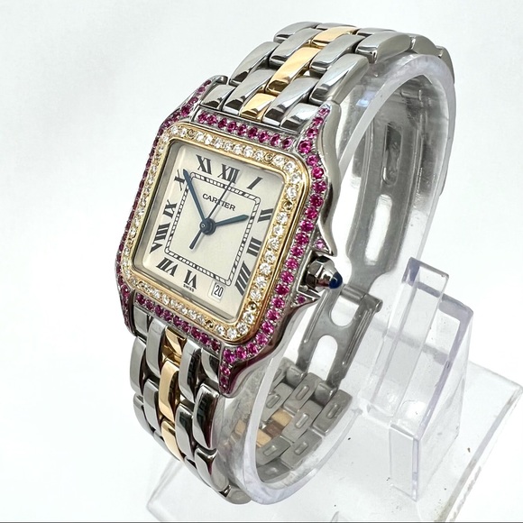 CARTIER PANTHERE 27mm 1 Row Gold 0.48TCW Diamonds & 0.77TCW Red Rubies Watch - Picture 4 of 5
